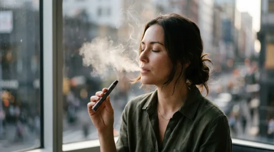 Femme respirant calmement de la vapeur lors d'une montée d'anxiété