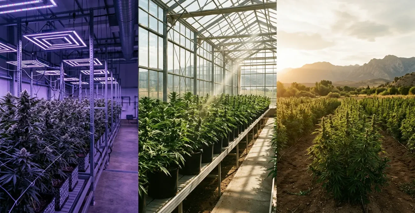 Comparaison visuelle des méthodes de culture de cannabis CBD avec trois zones distinctes représentant indoor, greenhouse et outdoor