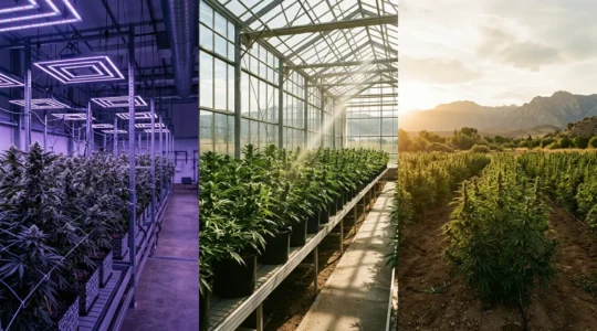 Comparaison visuelle des méthodes de culture de cannabis CBD avec trois zones distinctes représentant indoor, greenhouse et outdoor