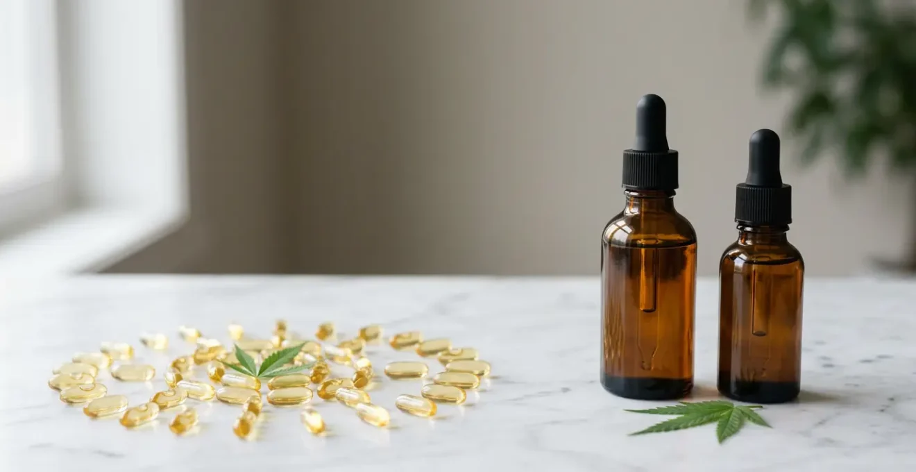 Comparaison visuelle entre gélules CBD et huile de chanvre dans un environnement épuré et moderne