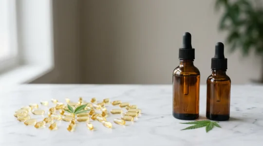 Comparaison visuelle entre gélules CBD et huile de chanvre dans un environnement épuré et moderne