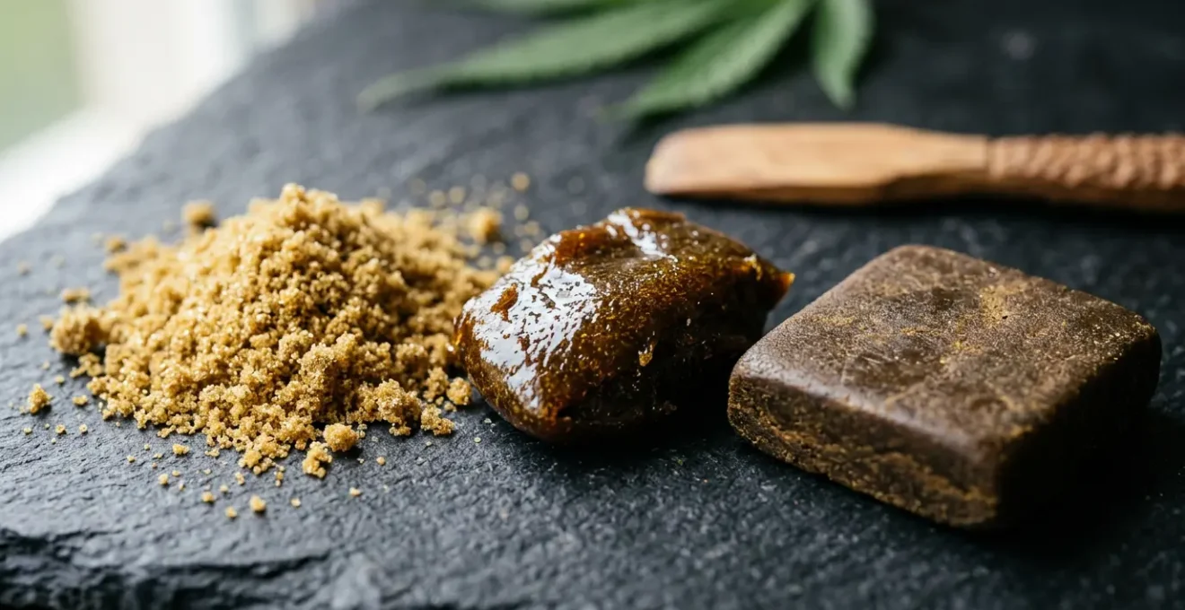 Gros plan macro sur différentes textures de résines CBD posées sur une surface en ardoise naturelle