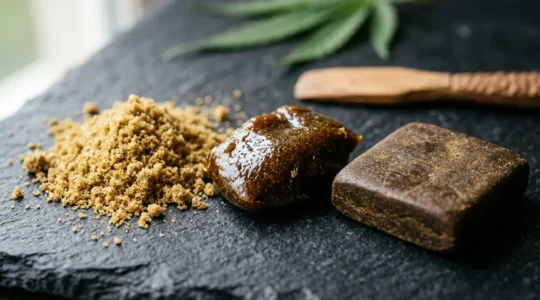 Gros plan macro sur différentes textures de résines CBD posées sur une surface en ardoise naturelle