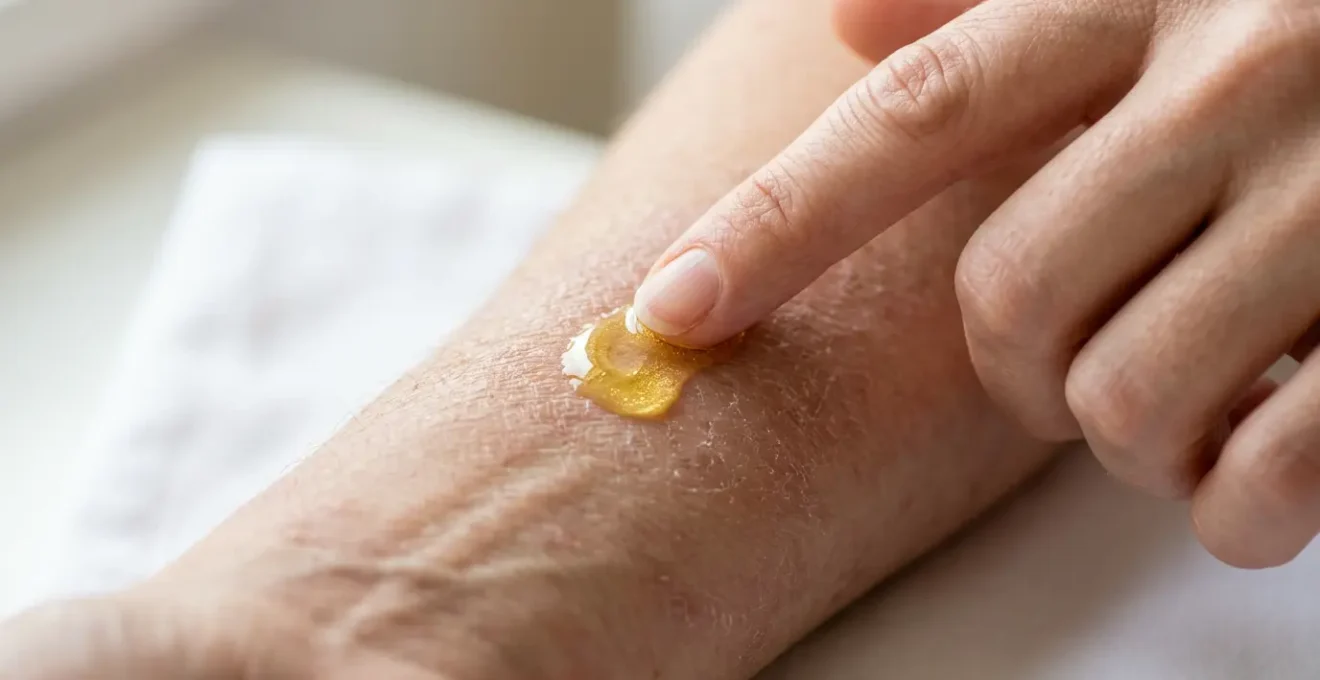 Main appliquant délicatement de l'huile de CBD sur une peau avec eczéma atopique en cours d'apaisement