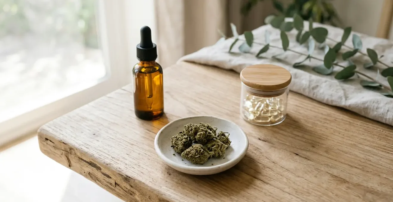 Comparaison visuelle entre huiles, fleurs et gélules de CBD pour le mal de dos chronique