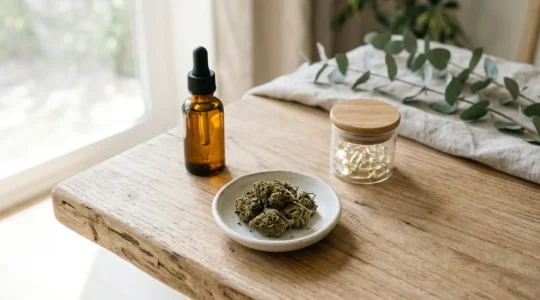 Comparaison visuelle entre huiles, fleurs et gélules de CBD pour le mal de dos chronique