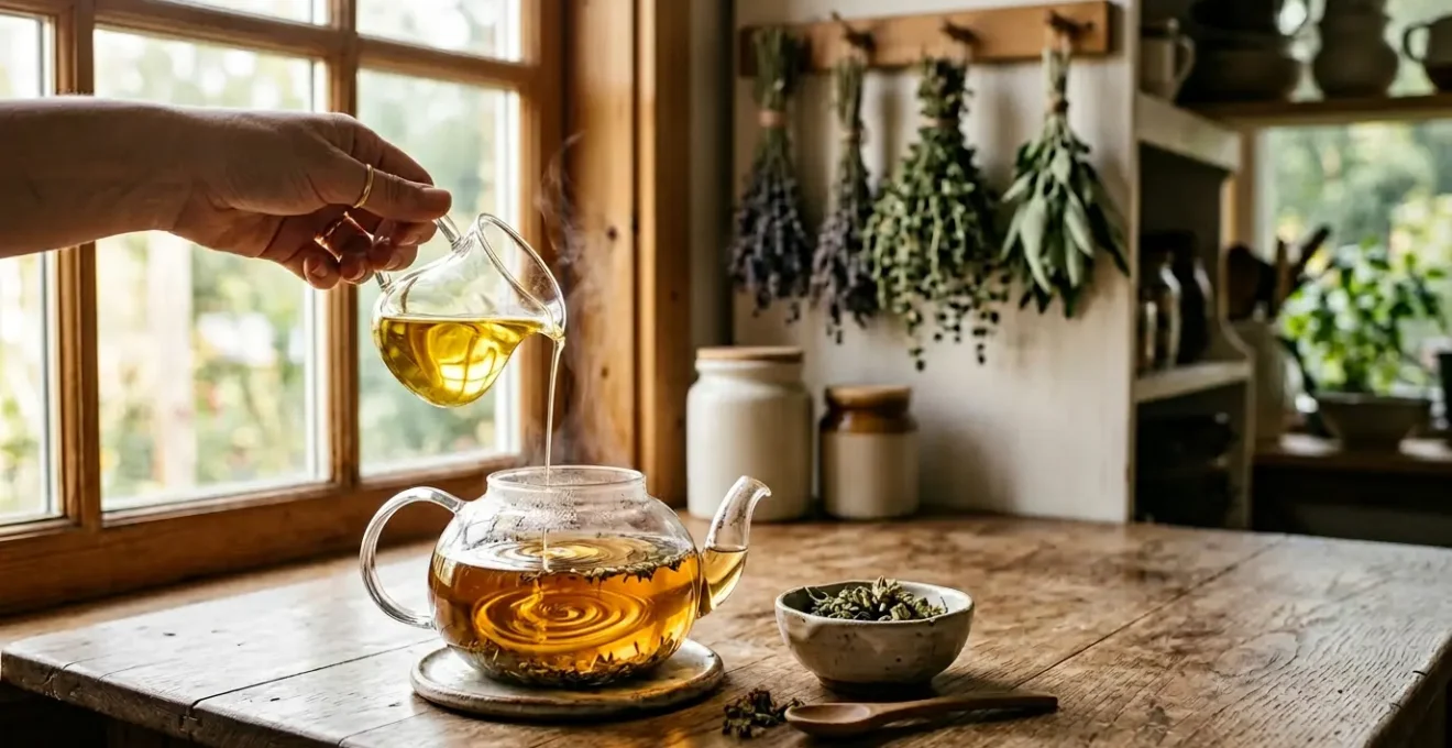 Préparation artisanale d'une infusion au CBD avec ajout d'huile de coco dans une ambiance chaleureuse