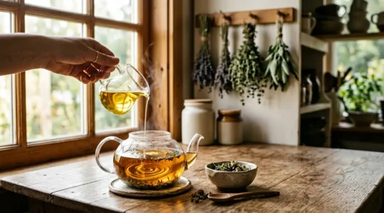 Préparation artisanale d'une infusion au CBD avec ajout d'huile de coco dans une ambiance chaleureuse