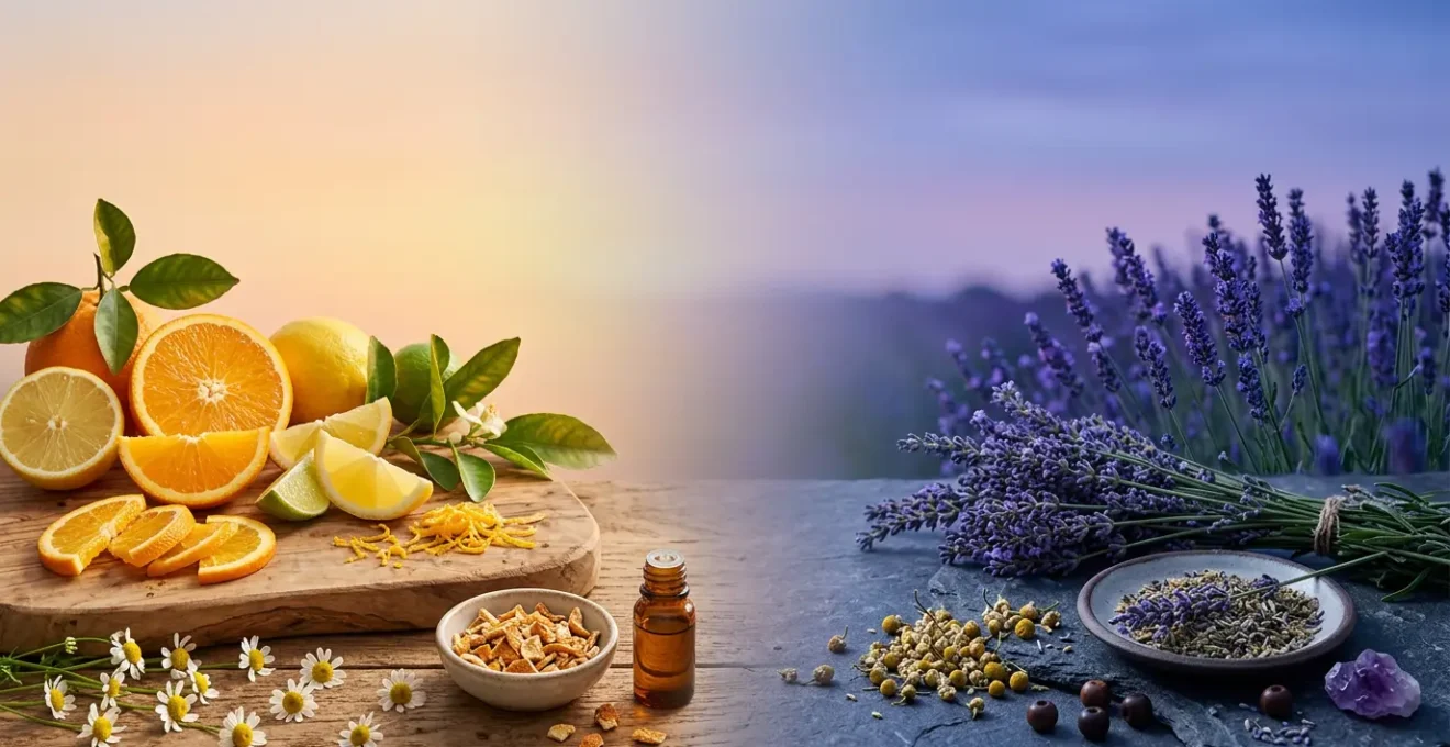 Composition artistique montrant l'équilibre entre les effets énergisants du limonène et les propriétés relaxantes du myrcène