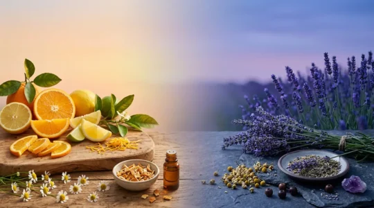 Composition artistique montrant l'équilibre entre les effets énergisants du limonène et les propriétés relaxantes du myrcène