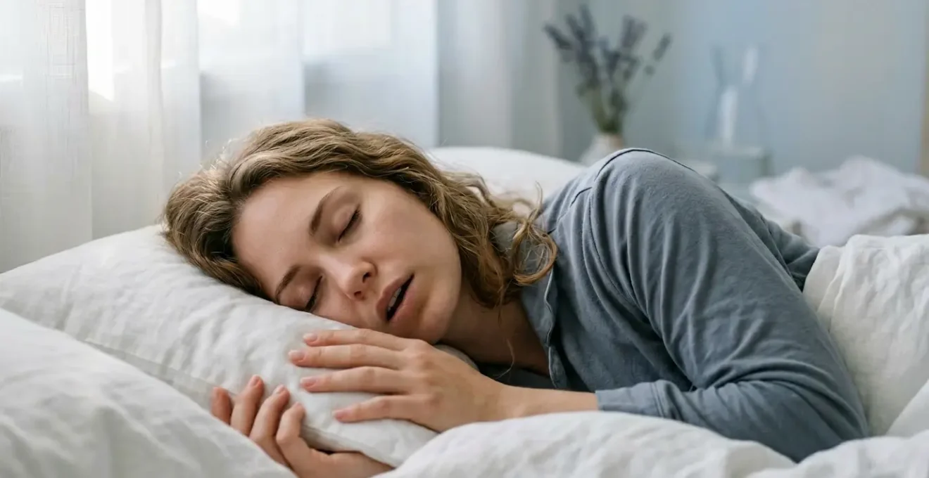 Femme dormant paisiblement avec la mâchoire détendue dans une chambre aux tons apaisants
