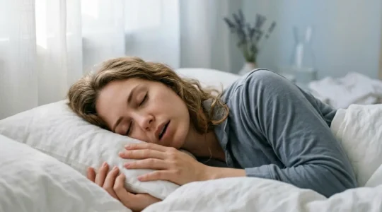 Femme dormant paisiblement avec la mâchoire détendue dans une chambre aux tons apaisants