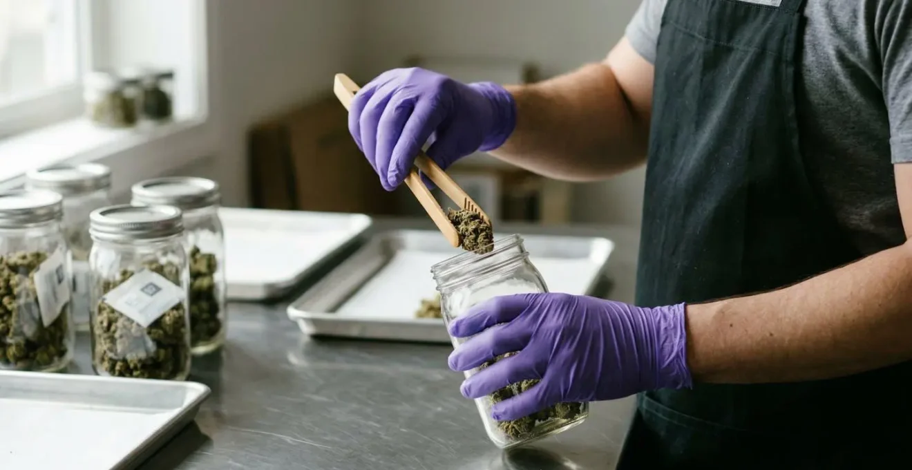 Outils de manipulation professionnelle pour fleurs de CBD disposés sur une surface de travail propre