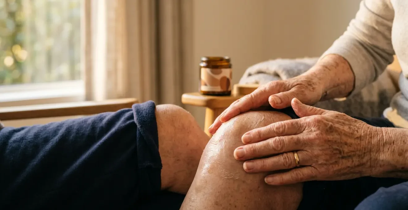 Mains appliquant délicatement un baume sur une articulation douloureuse