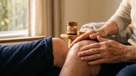 Mains appliquant délicatement un baume sur une articulation douloureuse