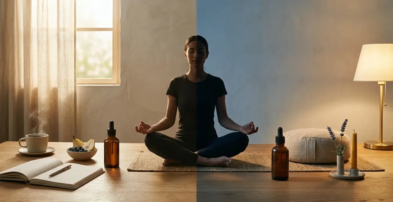 Personne en méditation avec huile CBD dans une ambiance apaisante entre jour et nuit