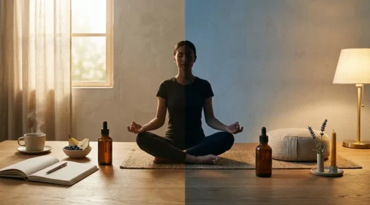 Personne en méditation avec huile CBD dans une ambiance apaisante entre jour et nuit