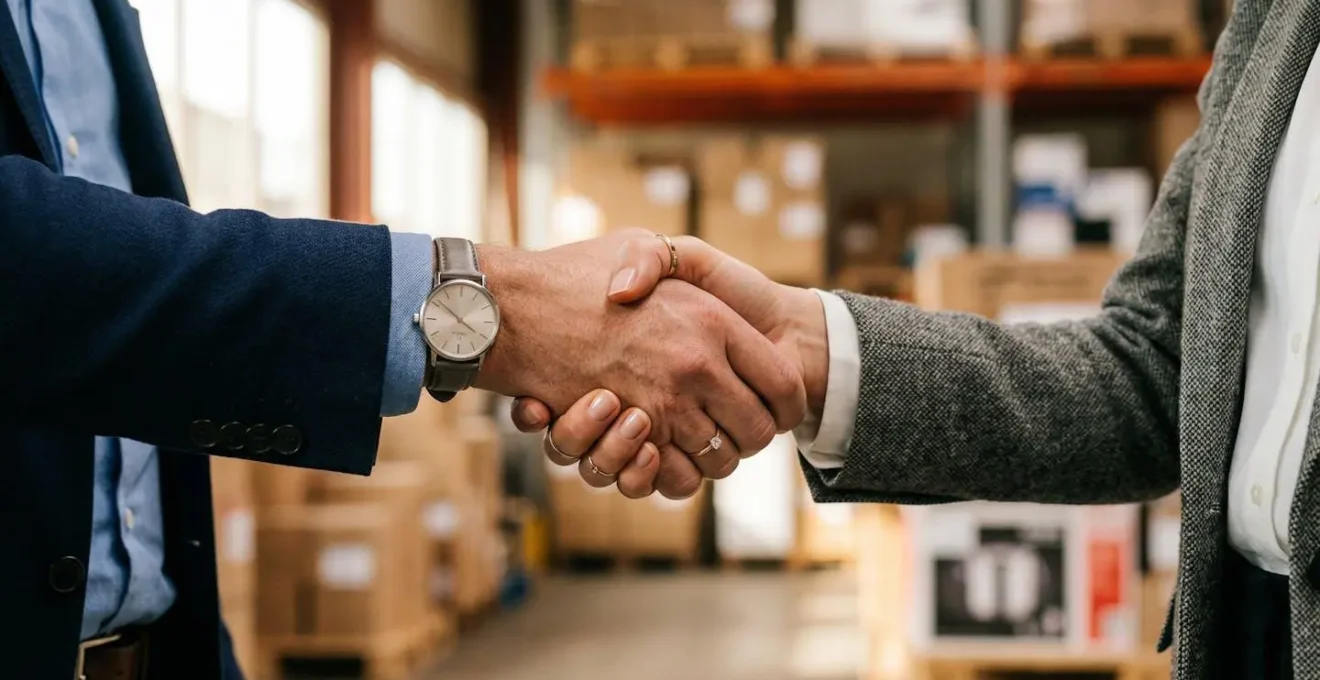 Poignée de main professionnelle entre revendeur et grossiste CBD symbolisant un accord commercial