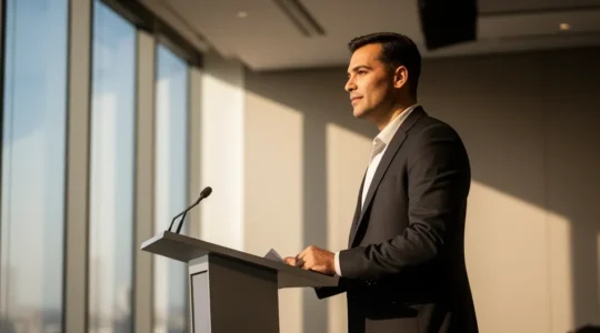 Orateur confiant sur scène lors d'une conférence avec un effet de lumière douce suggérant la détente