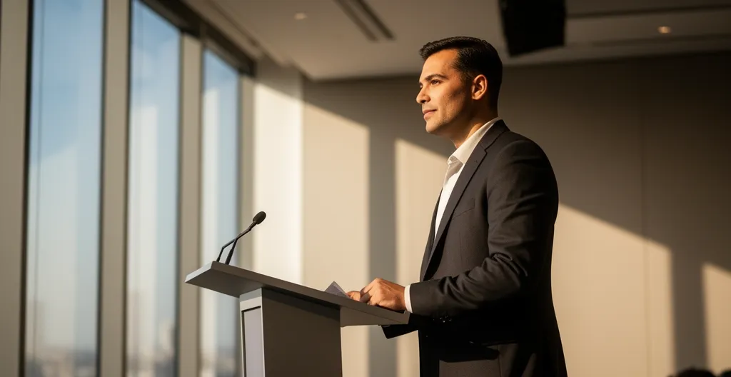 Orateur confiant sur scène lors d'une conférence avec un effet de lumière douce suggérant la détente