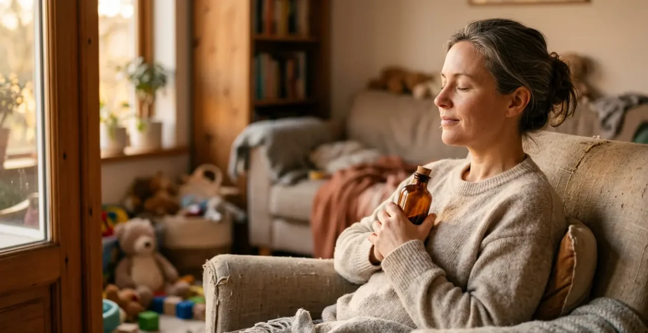 Parent épuisé trouvant un moment de calme avec de l'huile de CBD dans un environnement familial chaleureux