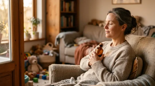 Parent épuisé trouvant un moment de calme avec de l'huile de CBD dans un environnement familial chaleureux