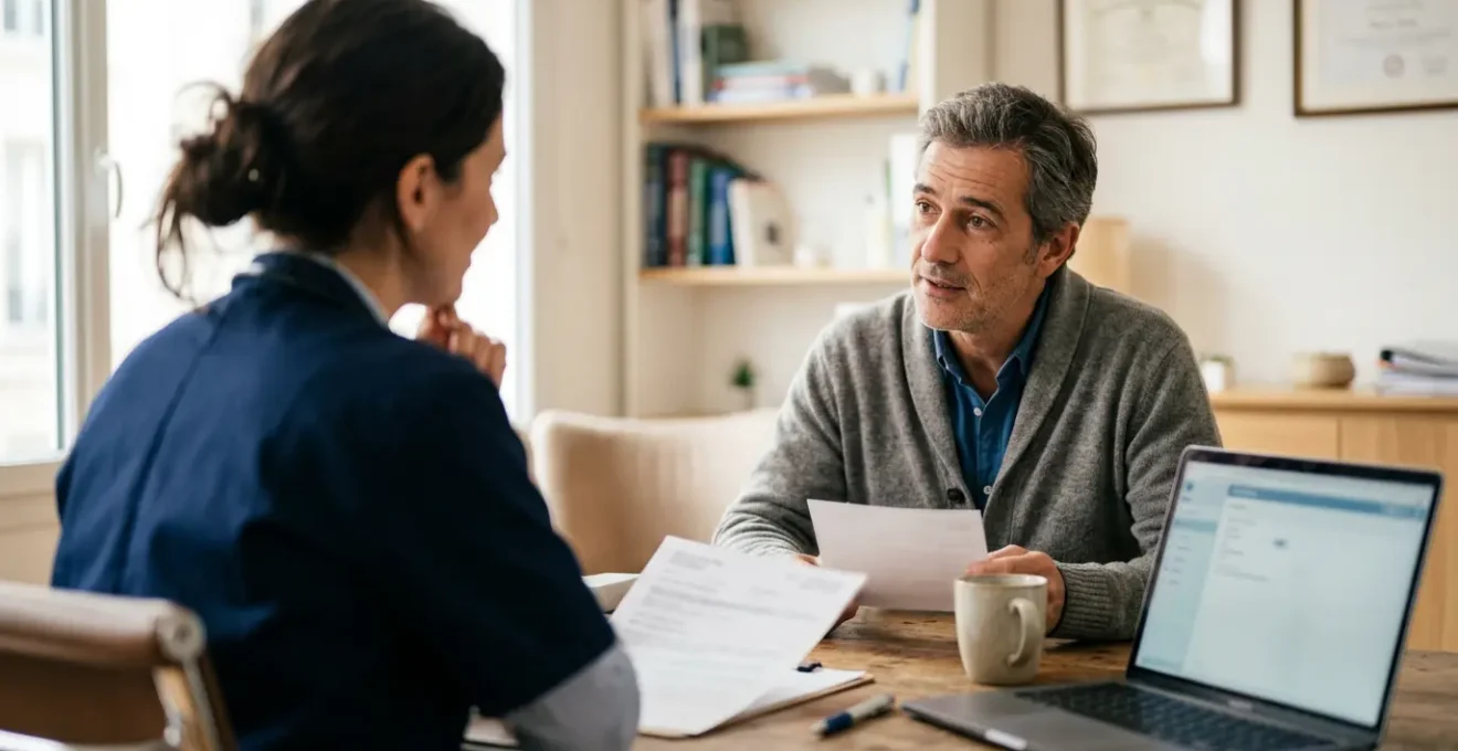 Consultation médicale entre un patient et son médecin traitant dans un cabinet médical français, discussion professionnelle autour du cannabis thérapeutique
