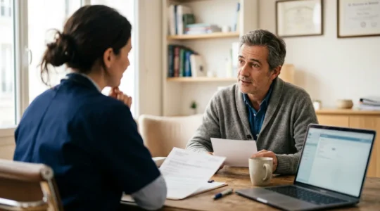 Consultation médicale entre un patient et son médecin traitant dans un cabinet médical français, discussion professionnelle autour du cannabis thérapeutique