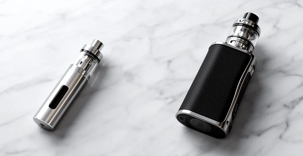 Comparaison visuelle entre un pod compact et un mod puissant pour vaper du CBD, montrant leurs différences de taille et de conception