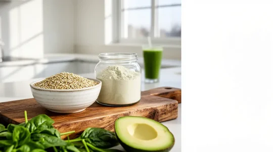 Graines de chanvre décortiquées et poudre de protéines dans un environnement culinaire moderne