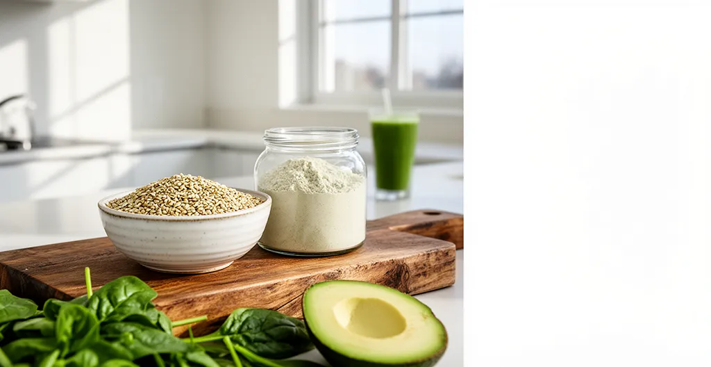 Graines de chanvre décortiquées et poudre de protéines dans un environnement culinaire moderne
