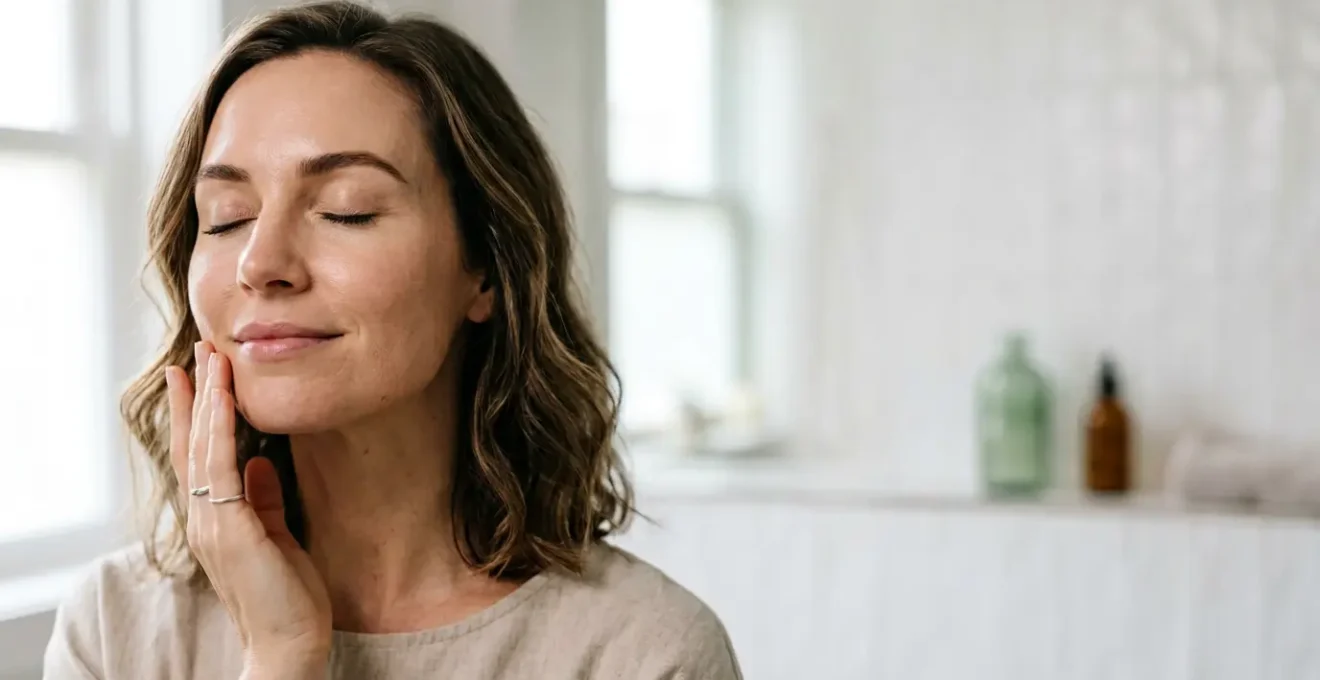 Visage serein avec peau lumineuse montrant la régulation de l'inflammation cutanée par le CBD