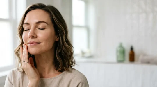 Visage serein avec peau lumineuse montrant la régulation de l'inflammation cutanée par le CBD