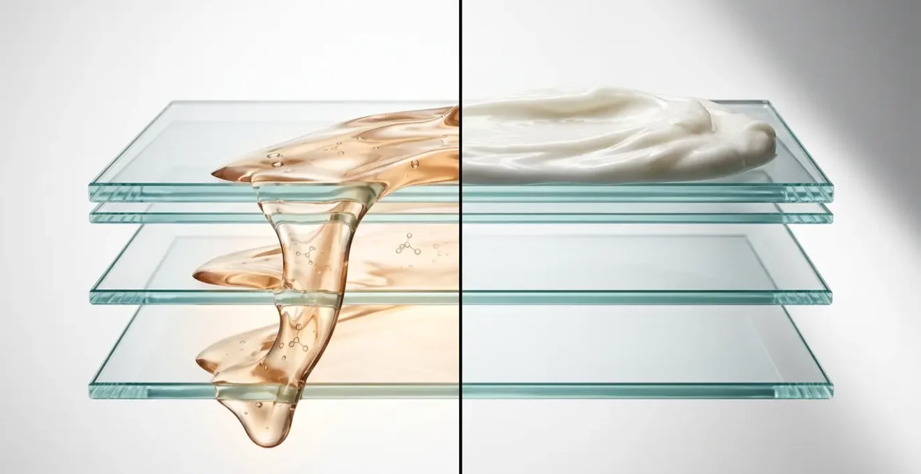 Comparaison visuelle entre sérum et crème CBD montrant la différence de pénétration cutanée dans les couches de la peau