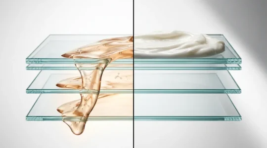 Comparaison visuelle entre sérum et crème CBD montrant la différence de pénétration cutanée dans les couches de la peau