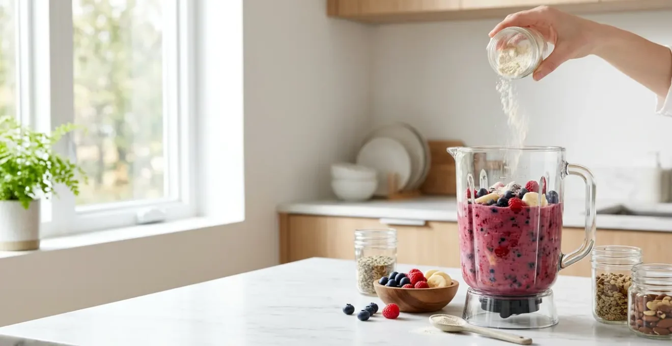 Préparation d'un smoothie aux fruits avec de la poudre de CBD dans une cuisine moderne lumineuse