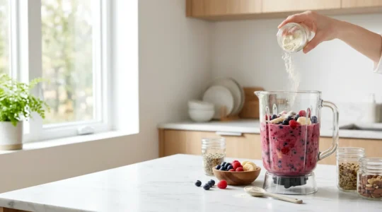 Préparation d'un smoothie aux fruits avec de la poudre de CBD dans une cuisine moderne lumineuse