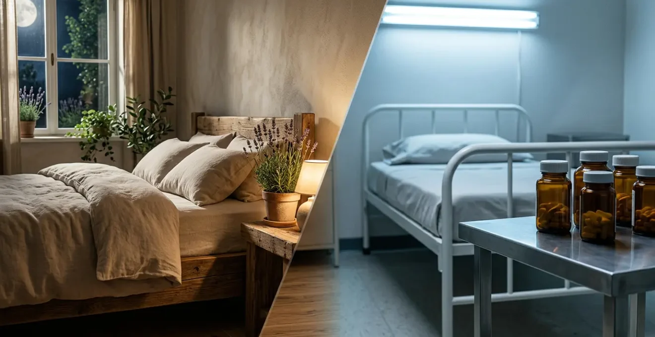 Comparaison visuelle entre sommeil naturel avec CBD et sommeil médicamenteux, représentée de manière symbolique sans texte