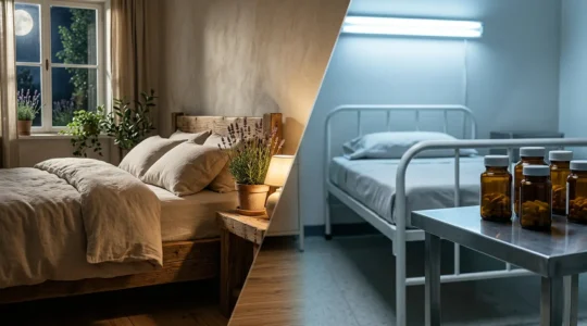 Comparaison visuelle entre sommeil naturel avec CBD et sommeil médicamenteux, représentée de manière symbolique sans texte