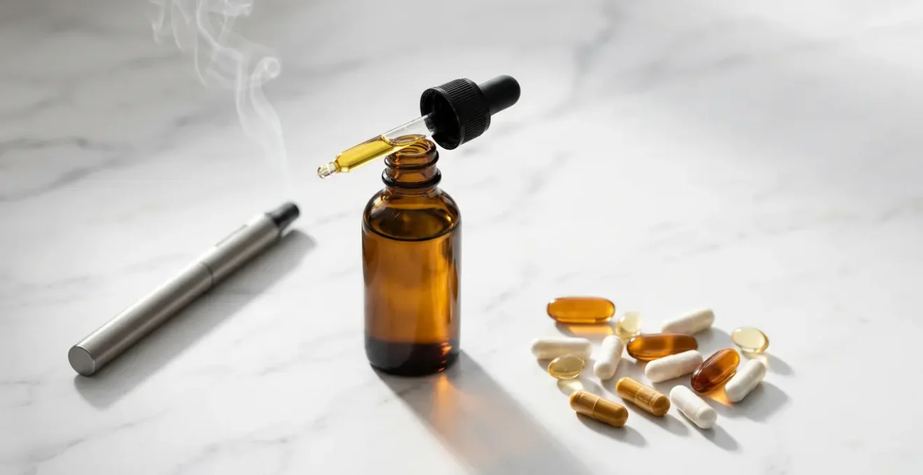 Trois modes d'administration du CBD disposés en diagonale sur une surface en marbre blanc