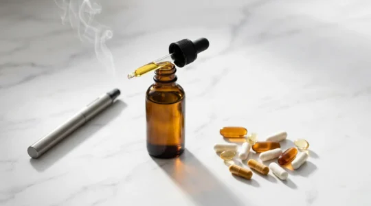 Trois modes d'administration du CBD disposés en diagonale sur une surface en marbre blanc