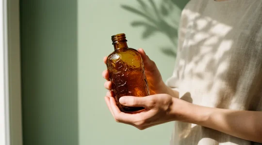 Personne tenant délicatement un flacon de liquide végétal dans une ambiance minimaliste