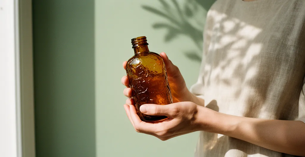 Personne tenant délicatement un flacon de liquide végétal dans une ambiance minimaliste