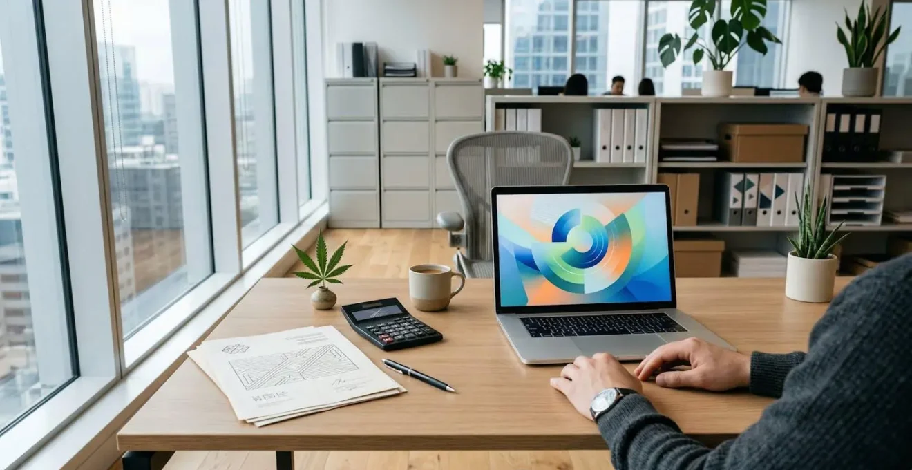 Bureau professionnel avec ordinateur portable montrant des graphiques abstraits et documents administratifs flous