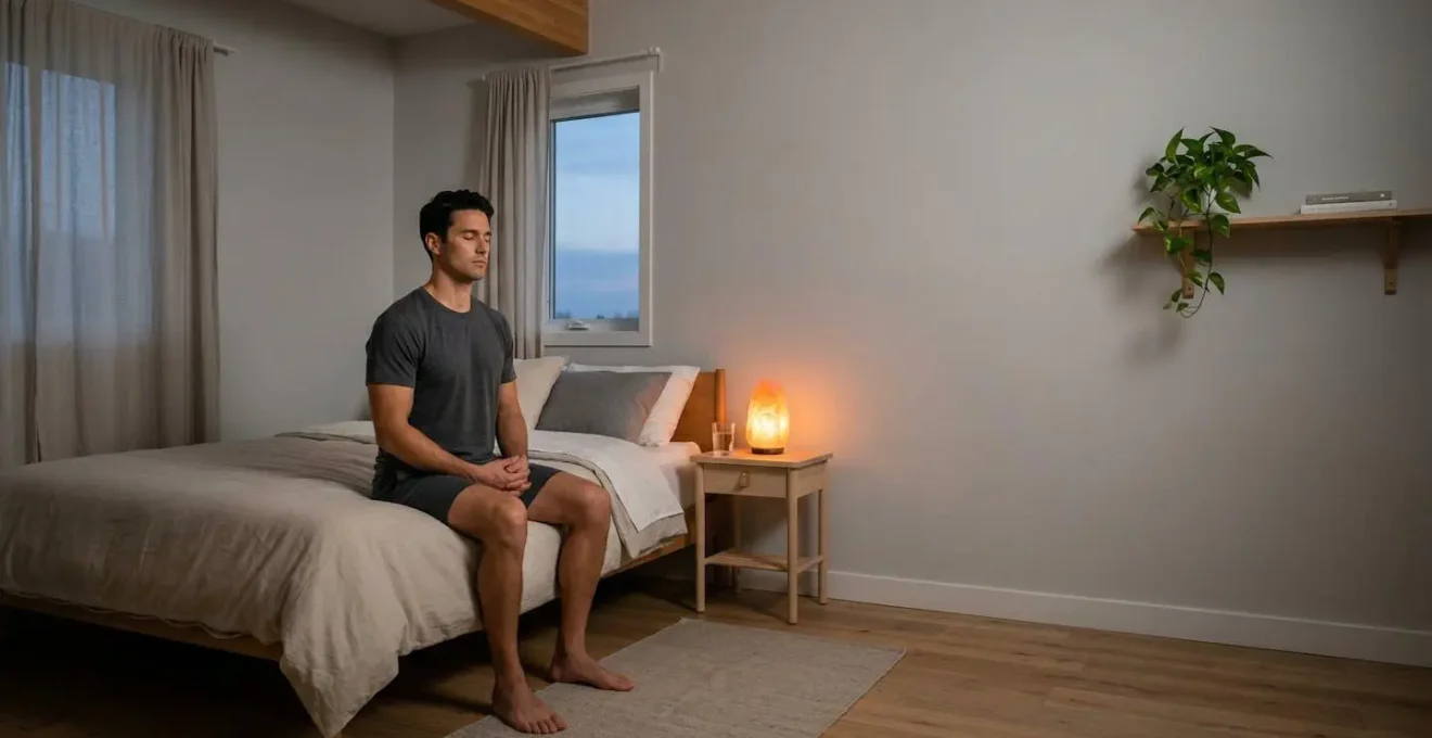 Athlète dans un environnement de chambre minimaliste préparant sa routine de sommeil