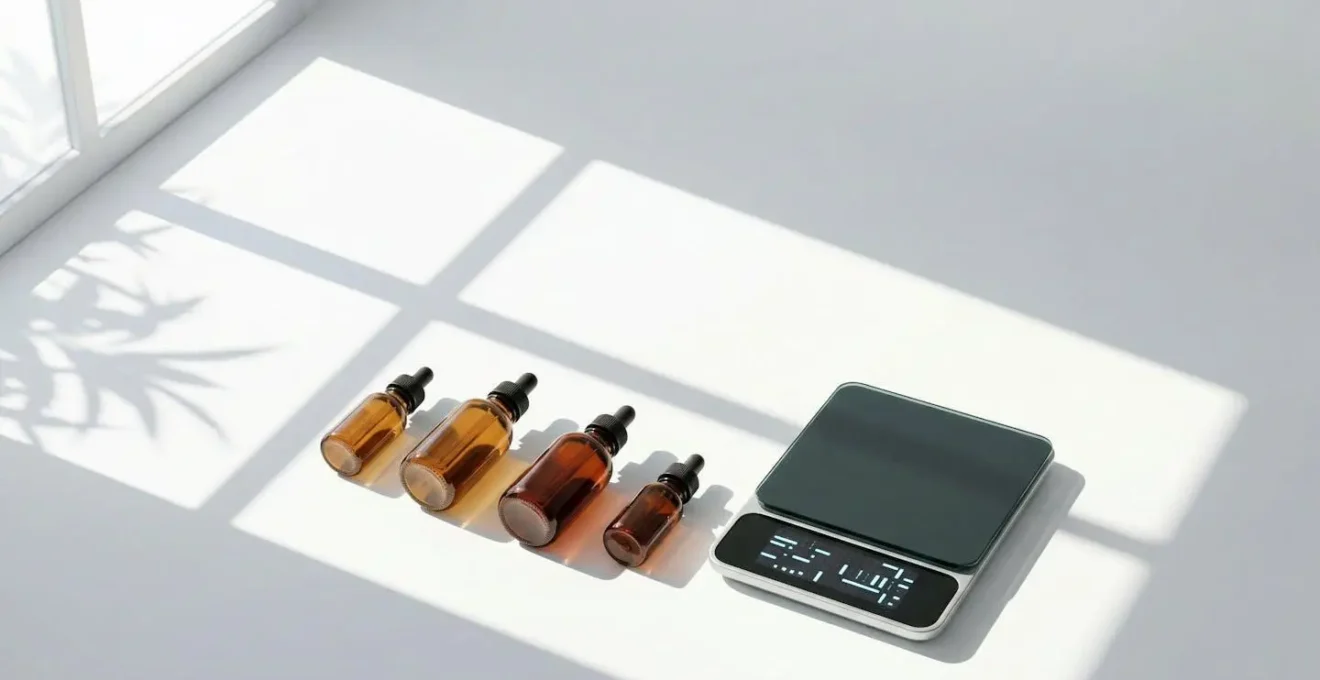 Composition minimaliste avec balance, flacons CBD et espace négatif