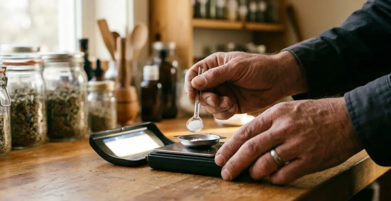 Balance de précision affichant 0.01g avec cristaux de CBD pour dosage exact