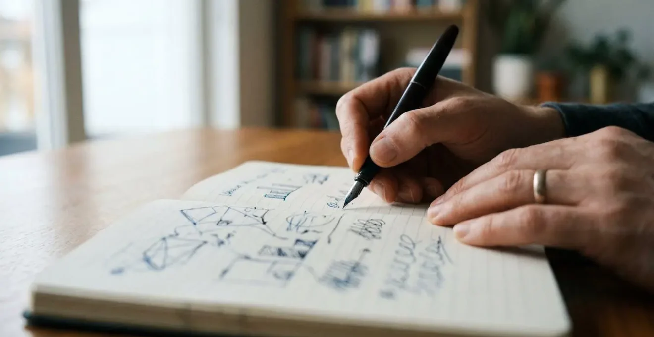 Mains annotant un carnet de suivi avec graphique d'évolution en arrière-plan flou