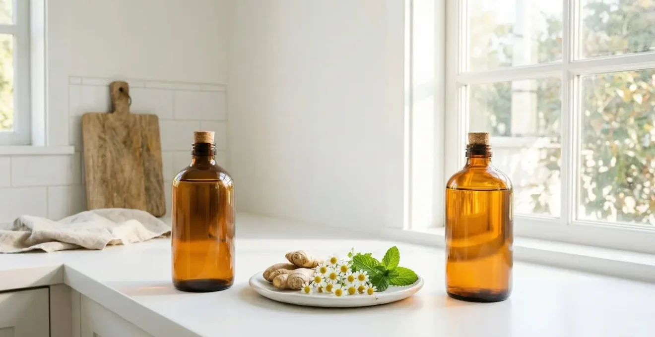 Composition minimaliste avec deux flacons sans étiquette dans un environnement apaisant suggérant le bien-être digestif