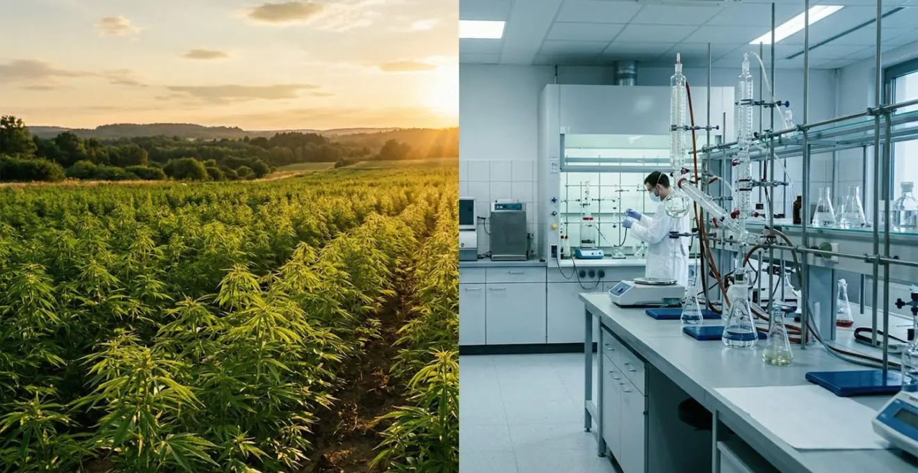 Contraste entre culture naturelle de chanvre et laboratoire de synthèse chimique